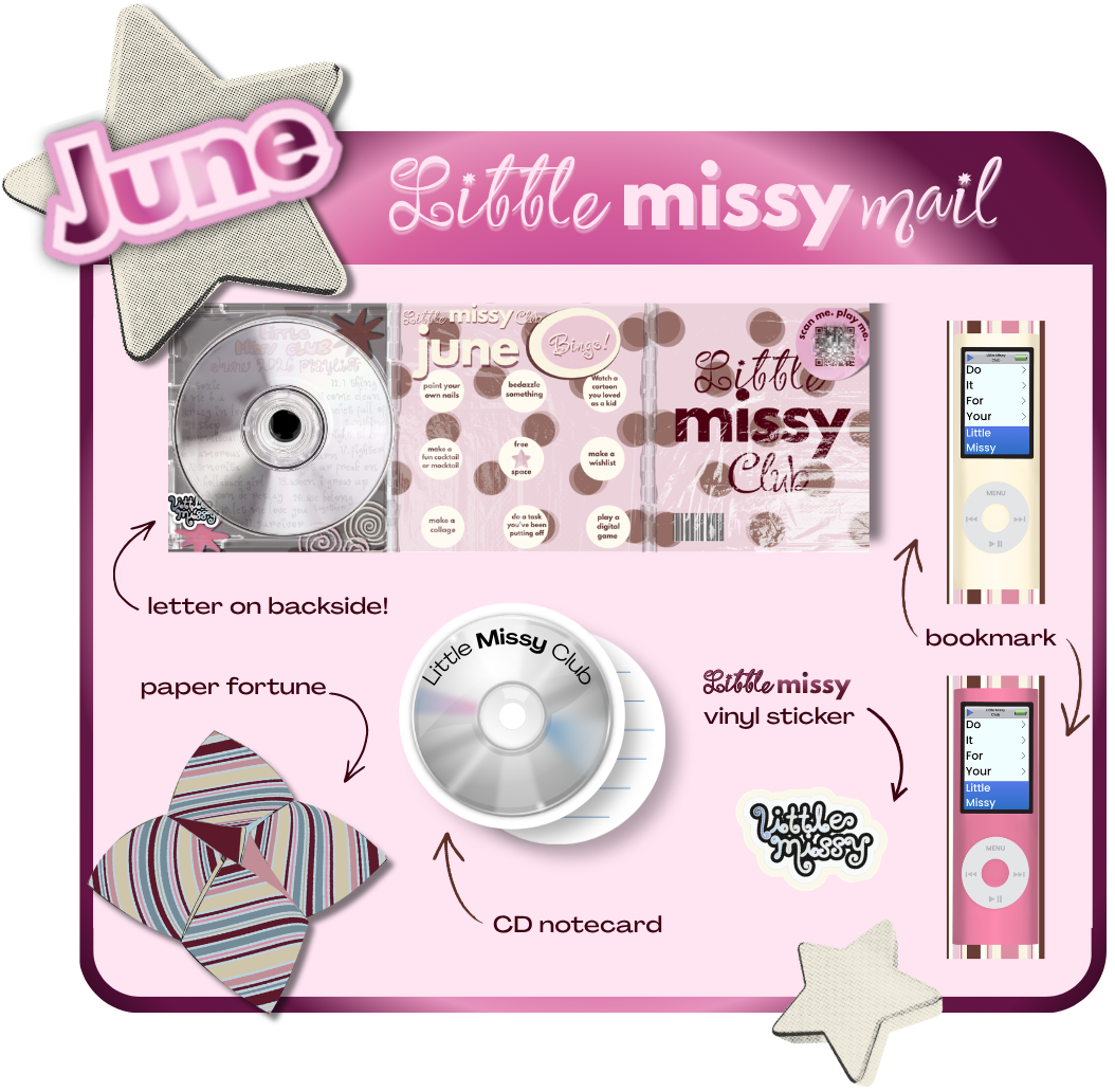Collection of 'Little Missy' products for June including a CD, stickers, and stationery items on a pink background.

June mail open from May 15th - May 31st